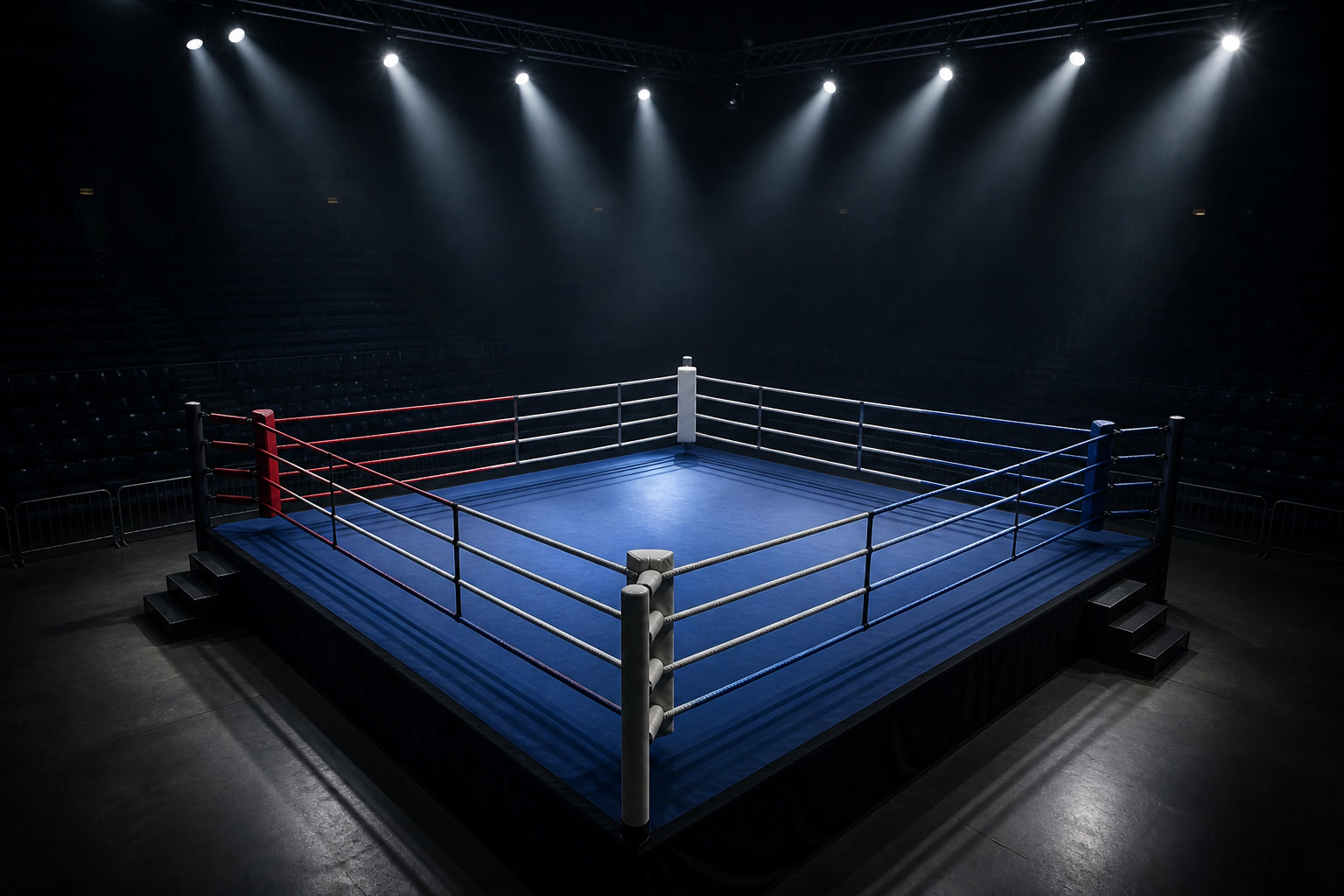 Empty boxing ring under arena lights